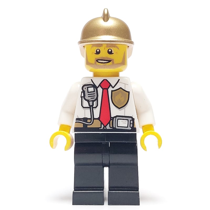 Fireman, White Shirt with Red Tie, Badge, and Radio on Pocket, Gold Helmet, Beard