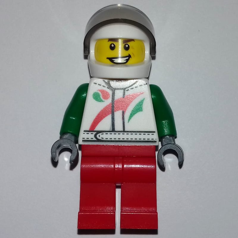 Racer, White and Green Jacket with Octan Logo, Red Legs, White Helmet with Trans-Brown  Visor