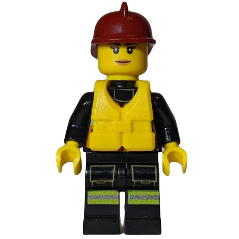 Firewoman, Orange Safety Vest with Radio, Red Helmet, Yellow Life Vest