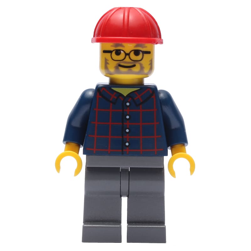 Man, Dark Blue Plaid Shirt, Dark Bluish Gray Legs, Red Hard Hat, Beard and Glasses