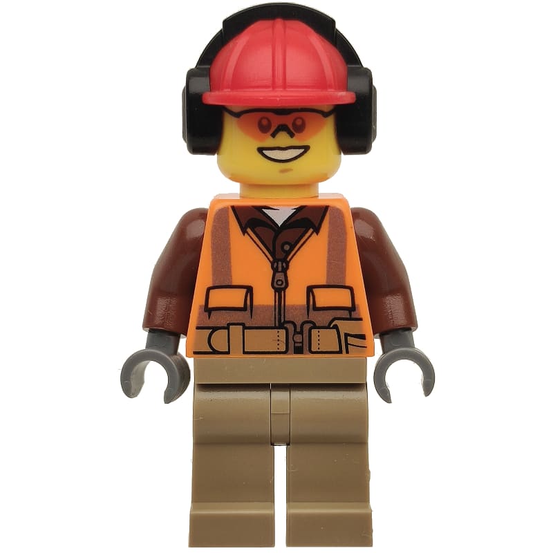 Construction Worker Rob, Orange Safety Vest with Zipper over Reddish Brown Shirt, Dark Tan Legs, Red Hard Hat with Ear Defenders, Orange Safety Glasses