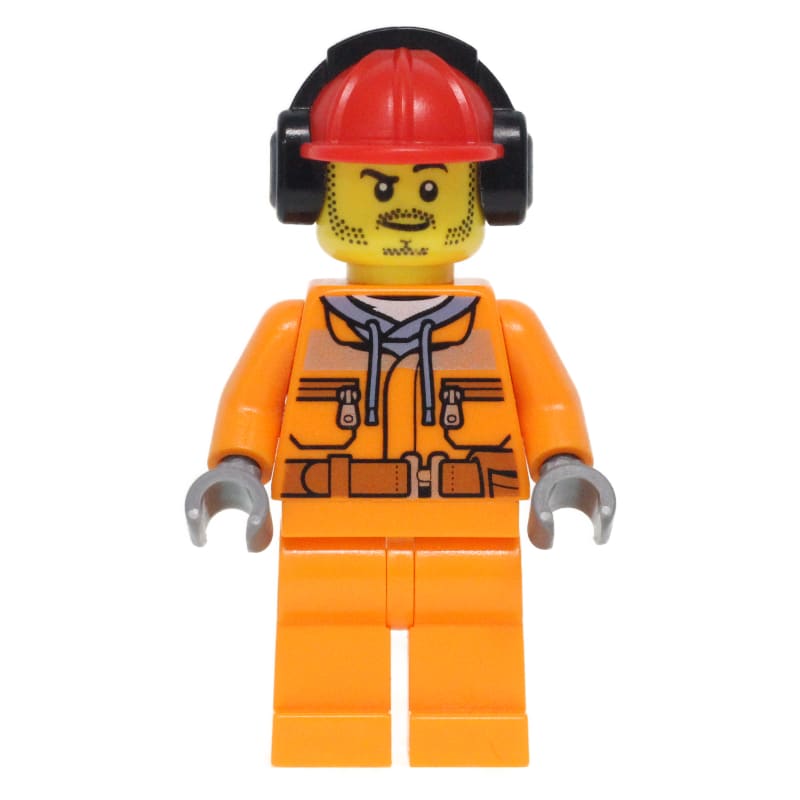 Construction Worker, Safety Jacket over Hoodie with Belt, Orange Legs, Red Hard Hat with Ear Defenders, Stubble