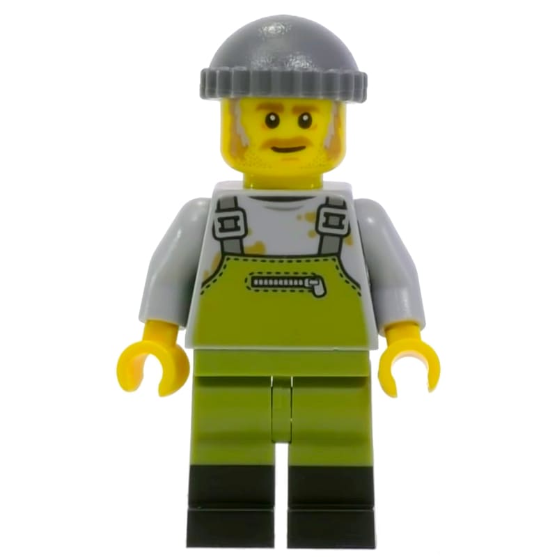 Light Bluish Grey Torso, Olive Green Overall. Dark Bluish Grey Cap