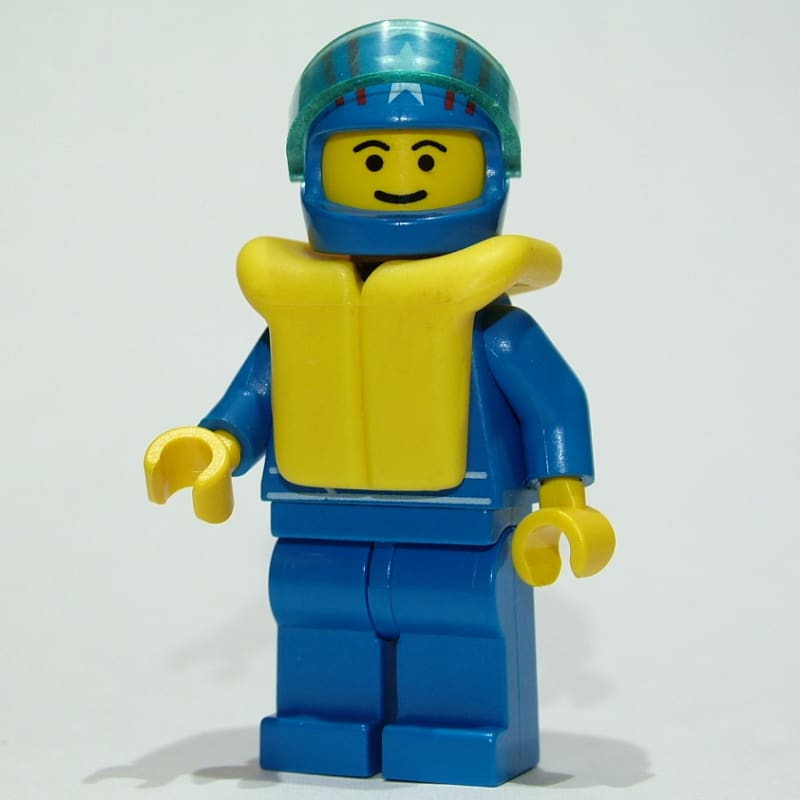 Racer, Blue Jacket with Octan Logo, Blue Legs, Blue Helmet with Stars and Visor, Yellow Life Vest