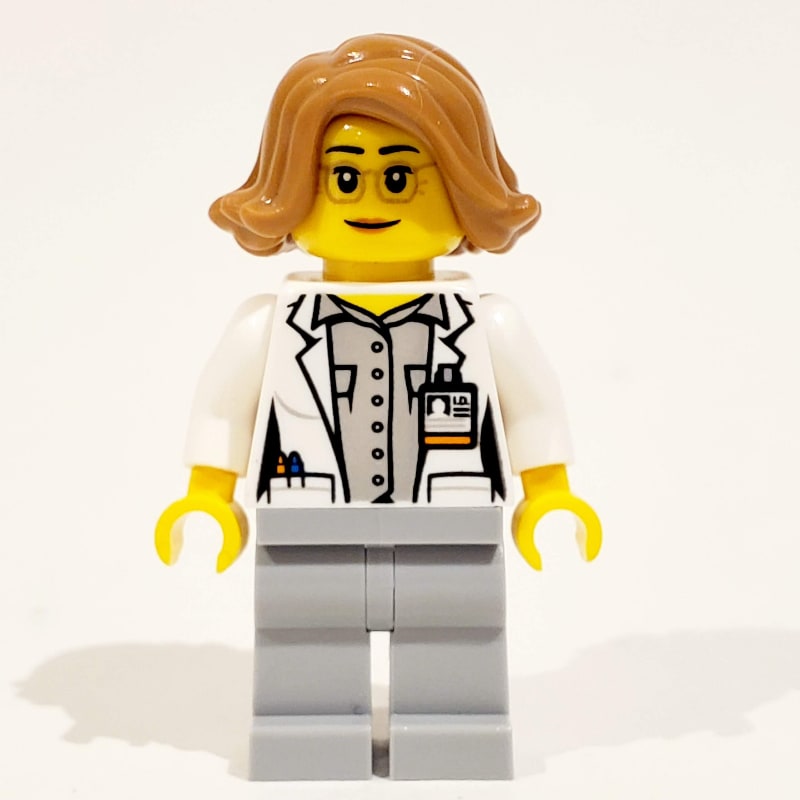 Scientist - White Torso, Labcoat, Light Bluish grey Legs, Medium Nougat Hair