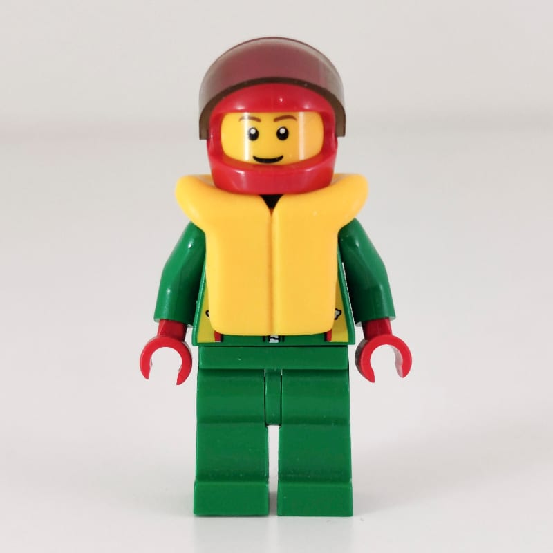 Racer, Green Jacket with Zipper and Octan Logo, Red Helmet with Visor, Yellow Life Vest