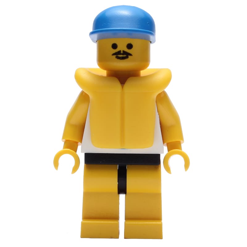 Man, White Tank Top with Windsurfer, Yellow Legs, Blue Cap, Yellow Life Vest, Moustache