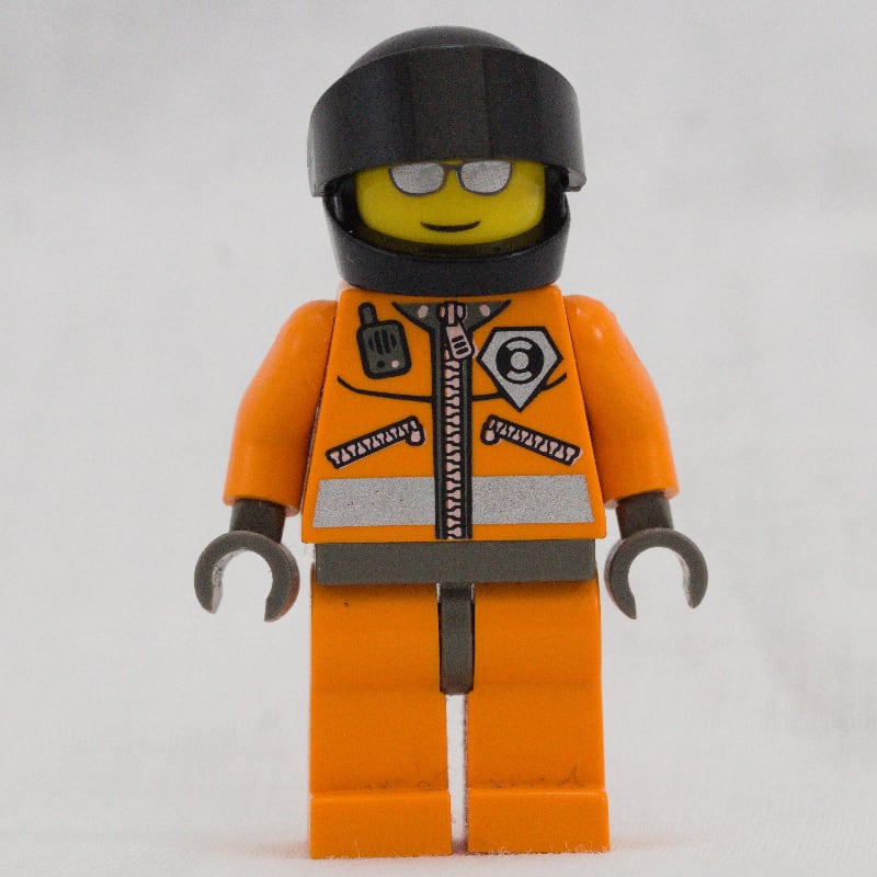 Coast Guard, Orange Jumpsuit with Zipper, Radio, and Badge, Dark Gray Helmet with Visor, Silver Sunglasses