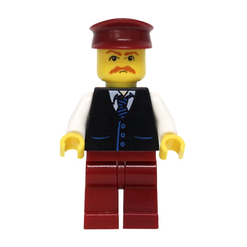 Man, Black Vest over White Shirt with Tie, Dark Red Legs, Dark Red Hat, Moustache