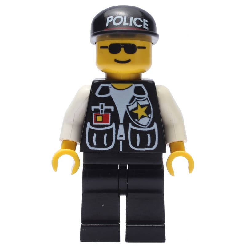 Policeman, Black Vest with Badge and Pockets, Black Cap with 'POLICE', Sunglasses