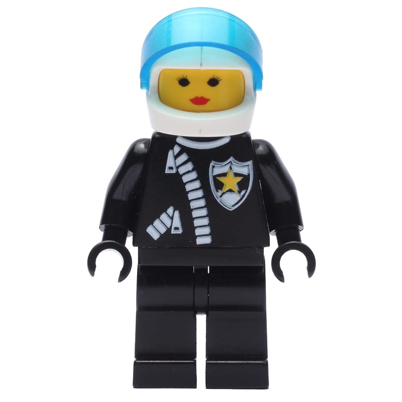 Policewoman, Black Jacket with Zipper and Badge, White Helmet with Trans-Dark Blue Visor