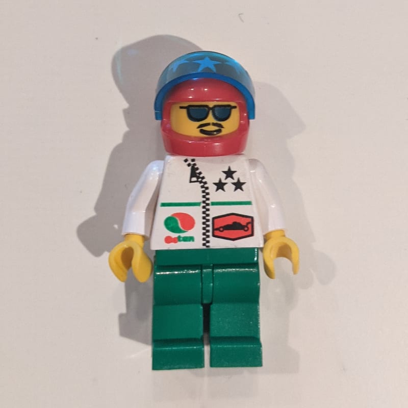 Racer, White Jacket with Zipper, Red Helmet with Stars and Visor, Blue Sunglasses