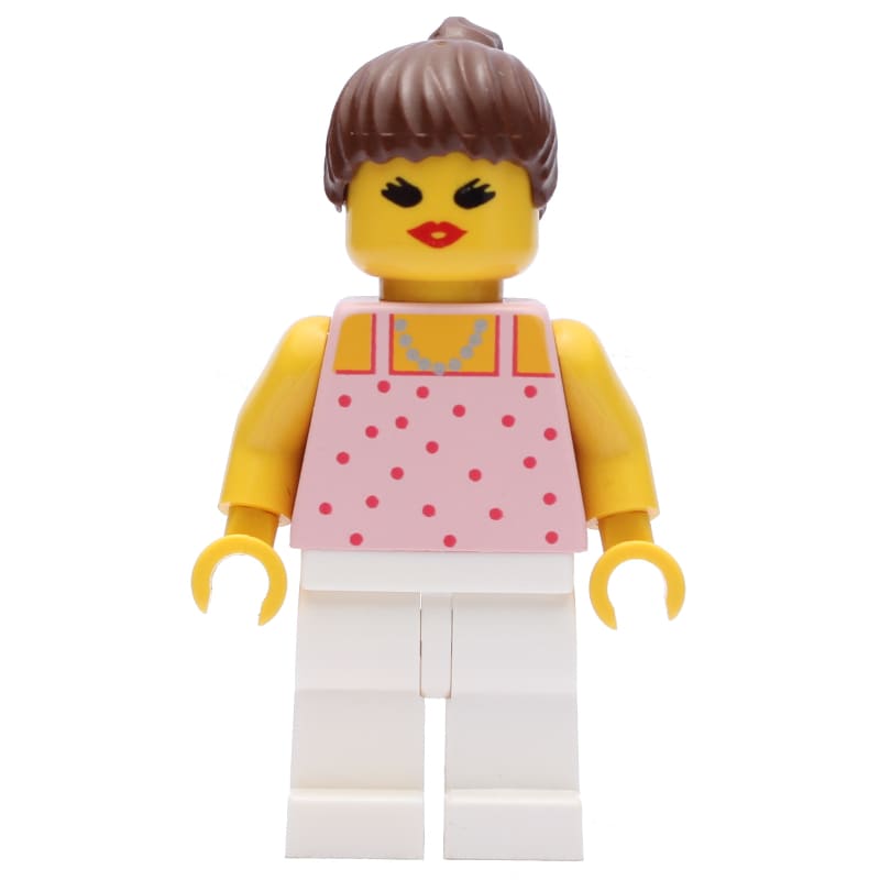 Woman, Pink Top with Spots, White Legs, Brown Hair - Open Mouth