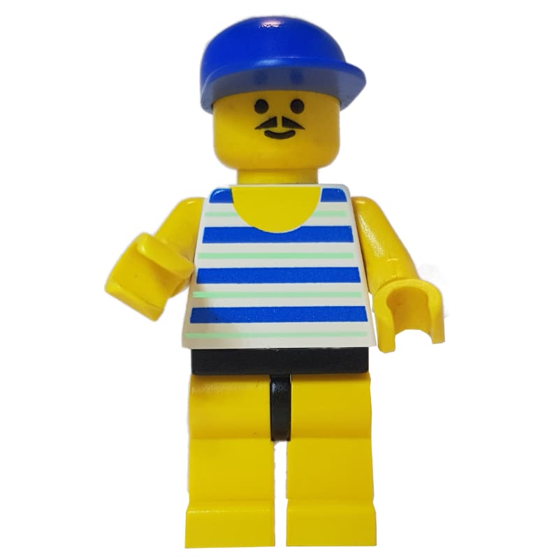 Man Blue and White Striped Swimsuit, Blue Cap, Moustache
