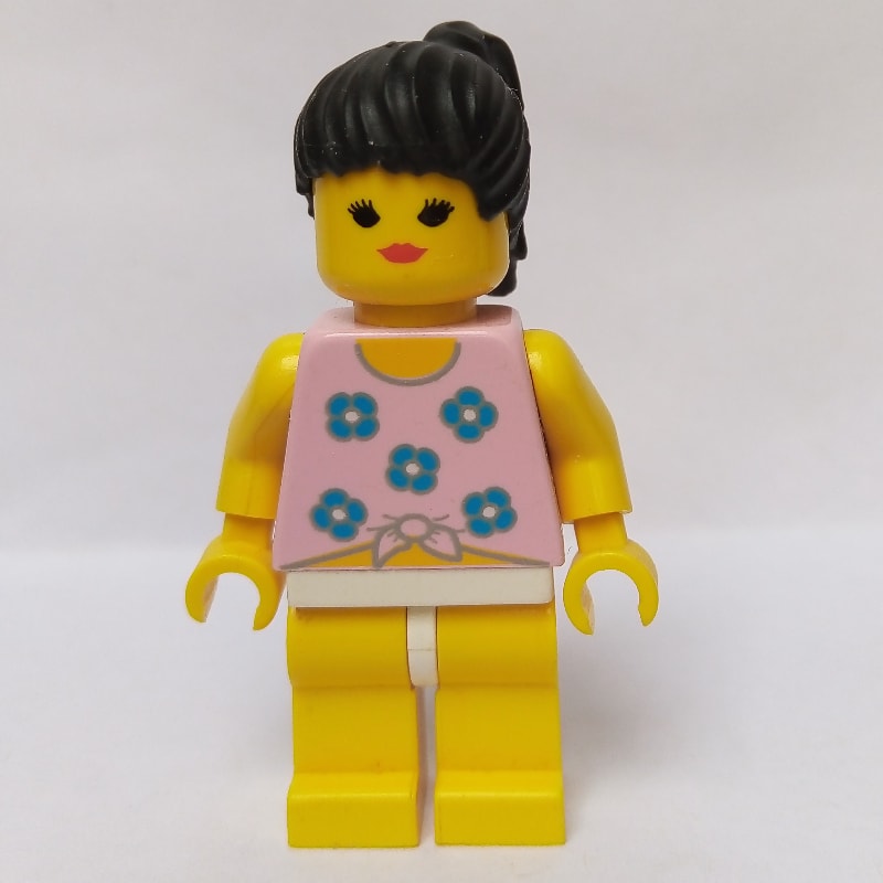 Woman, Tied Pink Tank Top with Flowers, Yellow Legs, Black Hair