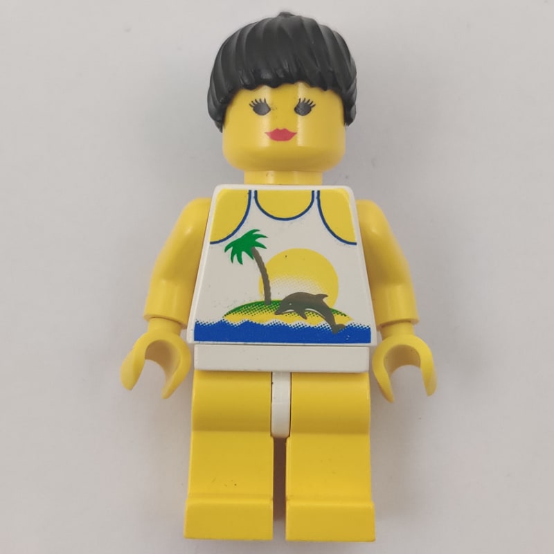 Woman, White Swimsuit with Desert Island and Dolphin, Black Hair