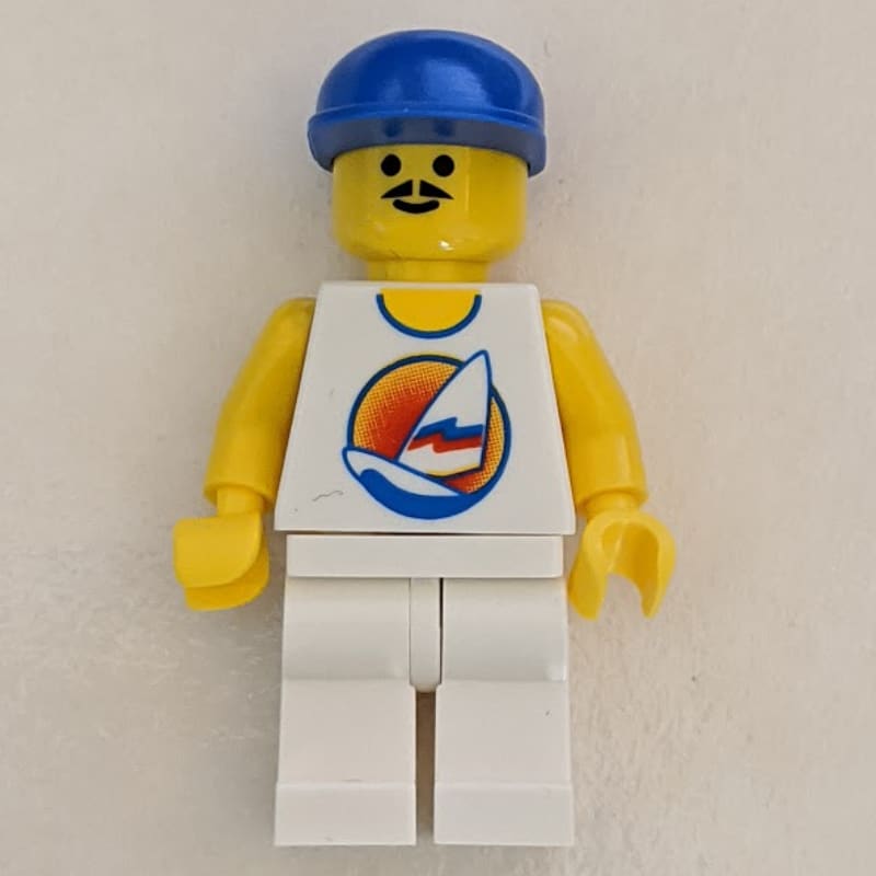 Man, White Tank Top with Windsurfer, White Legs, Blue Cap, Moustache