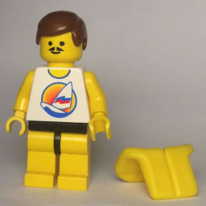 Man, White Tank Top with Windsurfer, Yellow Legs, Brown Hair, Moustache