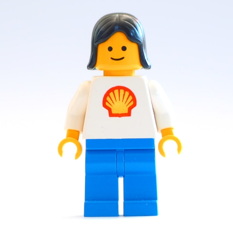 Woman, White Torso with Shell Logo, Blue Legs, Black Hair