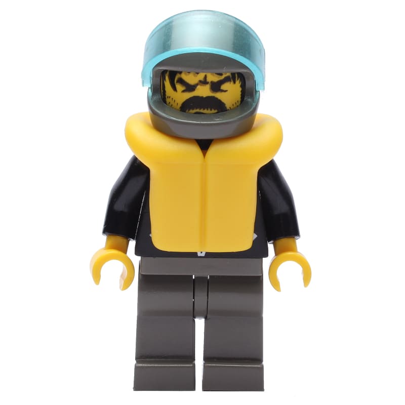 Man, Open Black Jacket over Red Shirt, Light Gray Legs, Helmet and Visor, Yellow Life Vest
