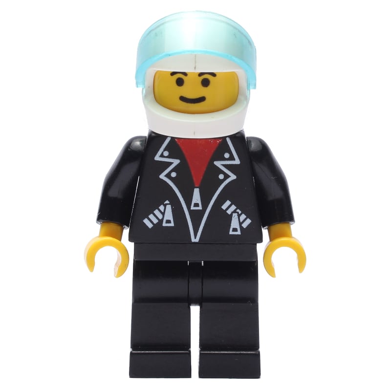 Man, Open Black Jacket over Red Shirt, Black Legs, Helmet and Visor