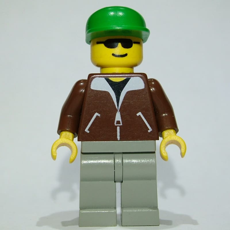 Man, Brown Jacket, Light Gray Legs, Green Cap, Sunglasses