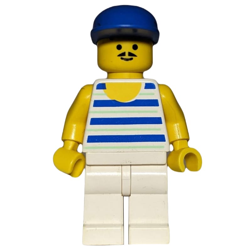 Man, Blue and White Striped Tank Top, Blue Cap, Moustache