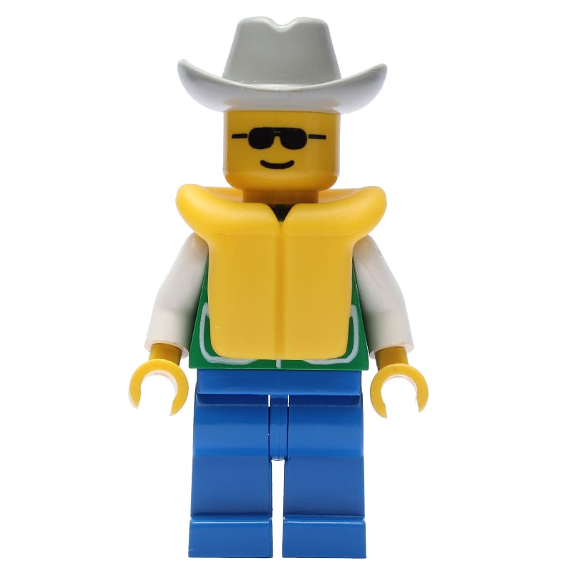 Man, Green Jacket, Blue Legs, Light Gray Cowboy Hat, Yellow Life Vest, Sunglasses