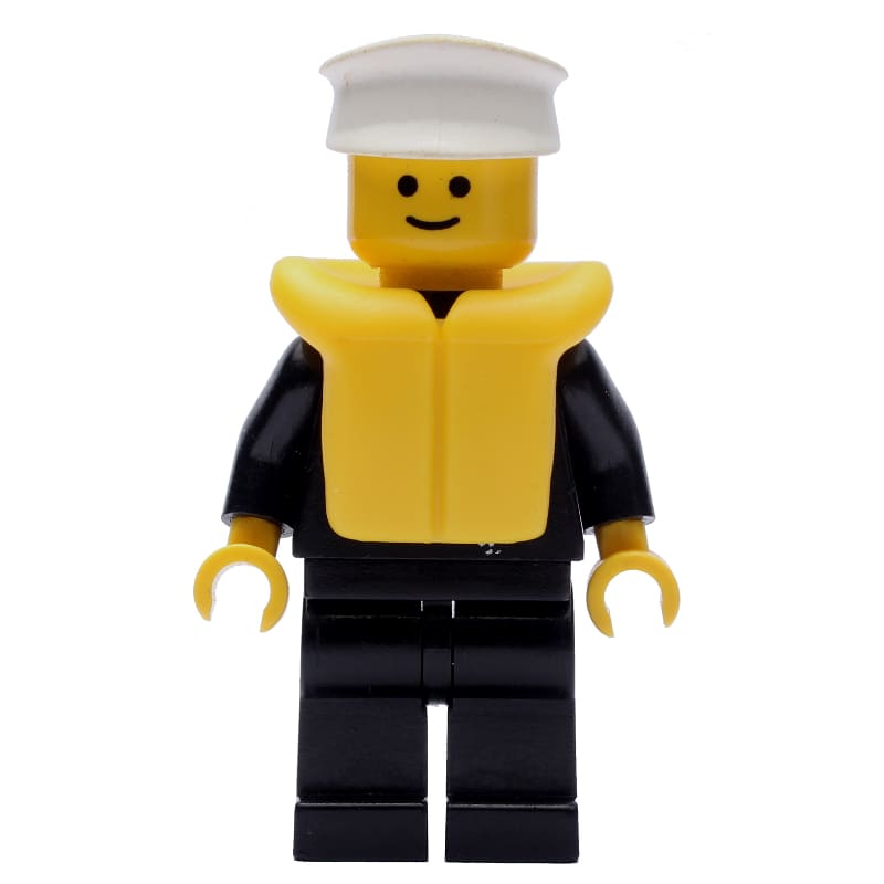 Policeman, Black Jacket with Zipper and Badge, White Hat, Yellow Life Vest