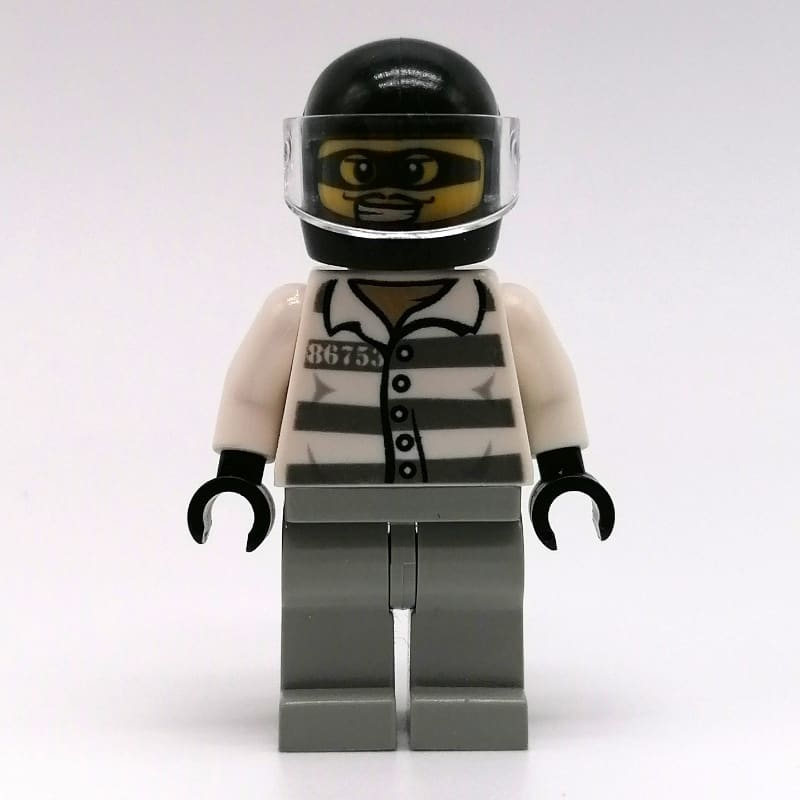 Criminal, Prison Shirt with #86753, Light Bluish Gray Legs, Black Helmet with Visor, Eyemask
