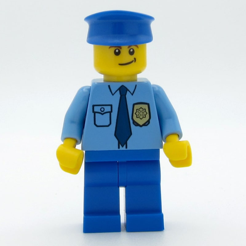 Policeman, Medium Blue Shirt with Badge and Tie, Blue Legs, Blue Hat, Brown Eyebrows