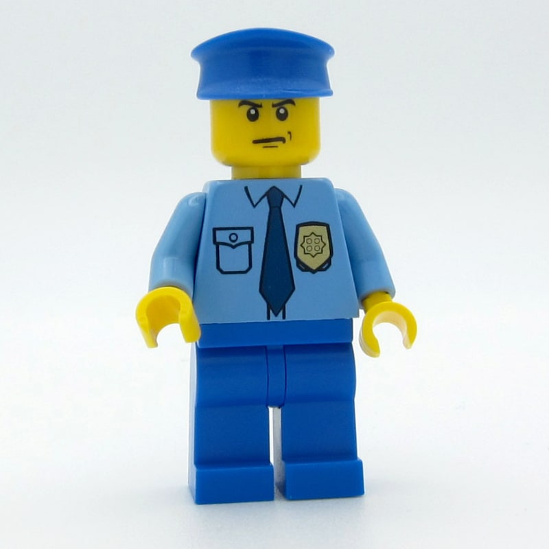 Policeman, Medium Blue Shirt with Badge and Tie, Blue Legs, Blue Hat, Scowl