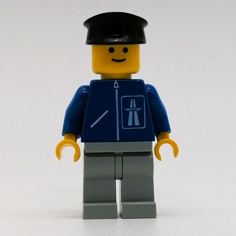 Man, Blue Jacket with Highway Logo, Light Gray Legs, Black Hat