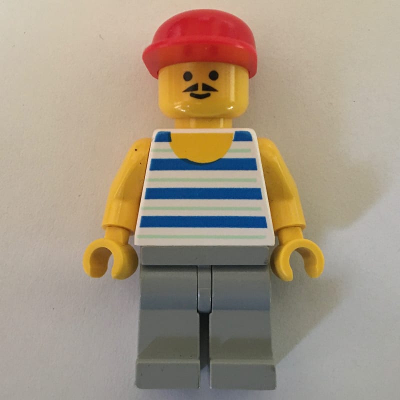 Man, Blue and White Striped Tank Top, Light Gray Legs, Red Cap, Moustache