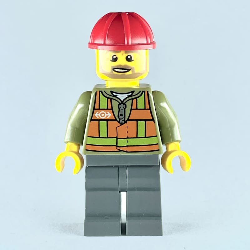 Train Worker, Orange Safety Vest with Train Logo over Olive Green Hoodie, Dark Bluish Gray Legs, Red Hard Hat, Beard