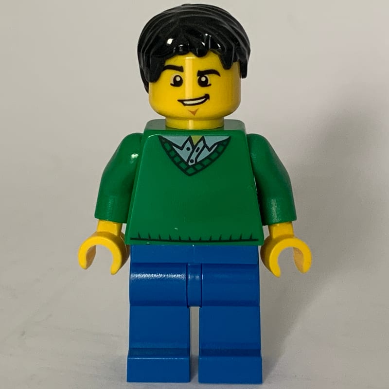 Man, Green V-Neck Sweater, Blue Legs, Black Hair