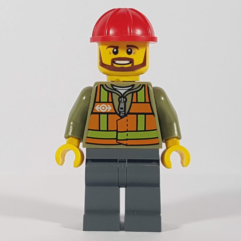 Train Worker, Orange Safety Vest with Train Logo over Olive Green Hoodie, Dark Bluish Gray Legs, Red Hard Hat, Brown Beard