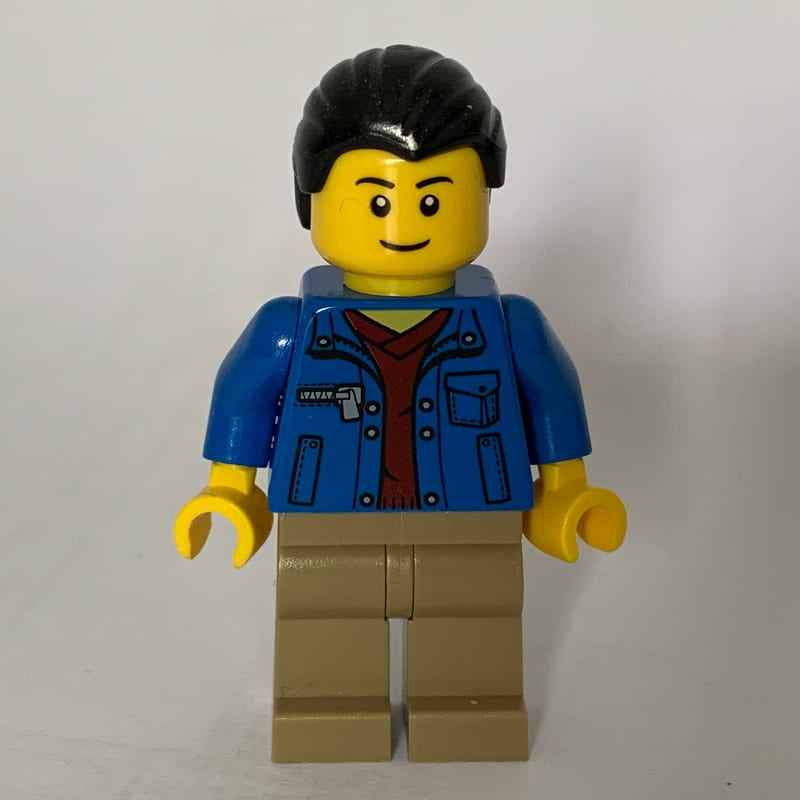 Man, Blue Jacket over Dark Red Shirt, Dark Tan Legs, Black Legs