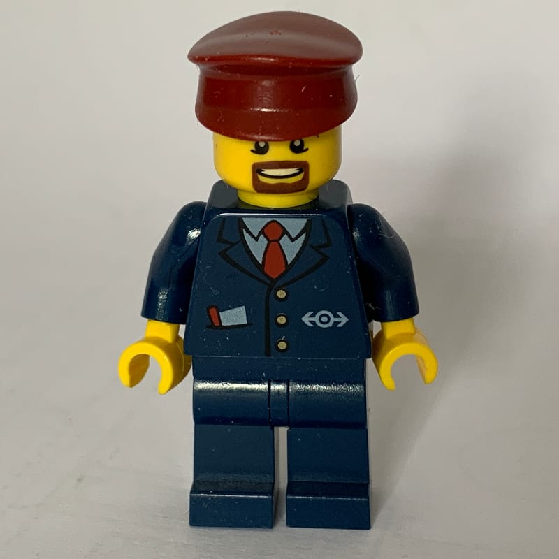Train Conductor, Dark Blue Suit with Tie and Train Logo, Dark Red Hat, Goatee Beard