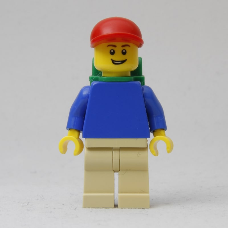 Blue Torso, Tan Legs, Red Cap, Green Backpack