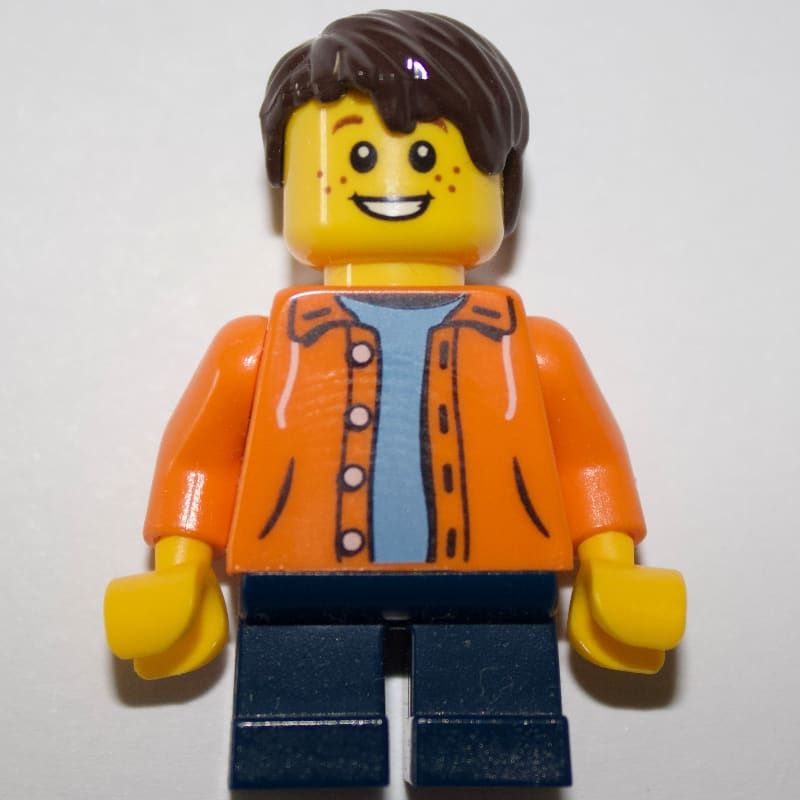 Kid - Orange Torso, Dark Blue Legs, Dark Brown Hair