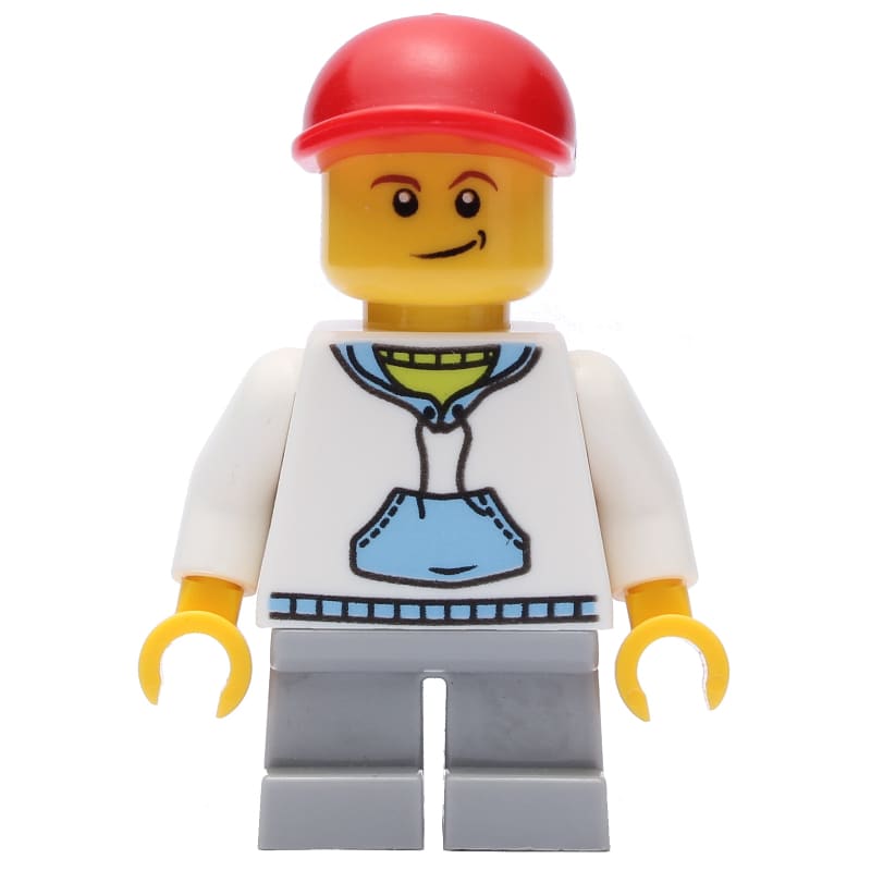 Boy, White and Blue Hoodie, Short Light Bluish Gray Legs, Red Cap (3626b Head)