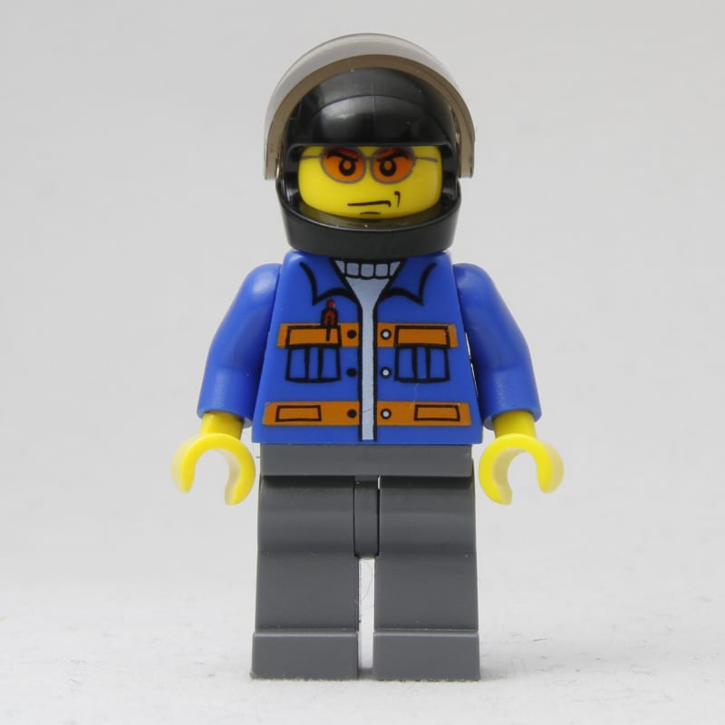 Worker, Blue Jacket with Orange Stripes, Dark Bluish Gray Legs, Black Helmet with Visor, Orange Sunglasses