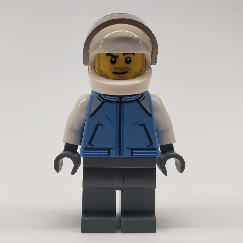 Pilot, Medium Blue Jacket, Dark Bluish Gray Legs, White Helmet with Visor, Stubble