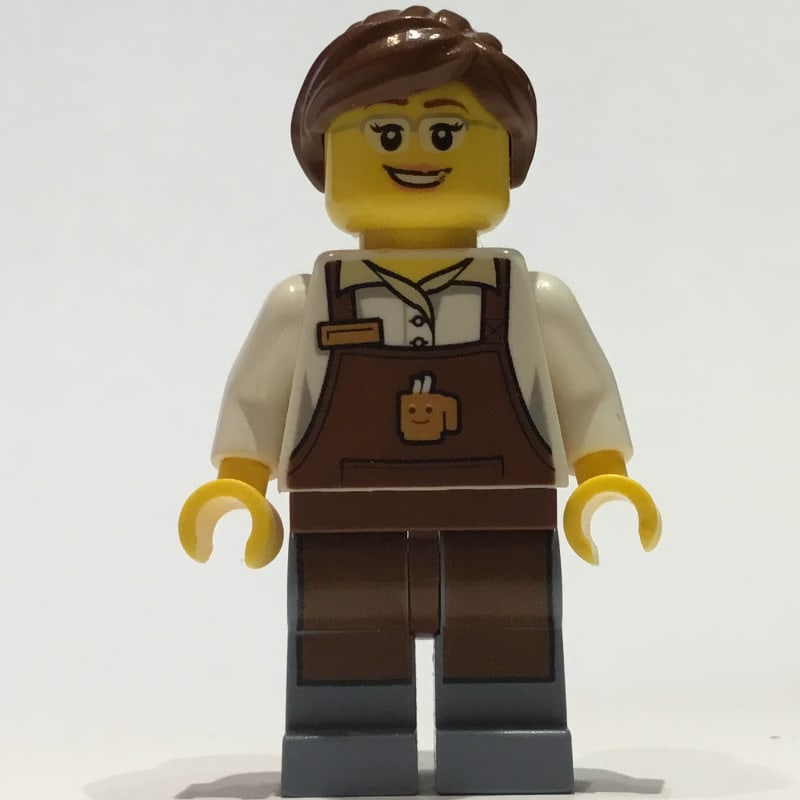 Barista, Woman, White Torso, Reddish Brown Apron, Reddish Brown Hair, Glasses
