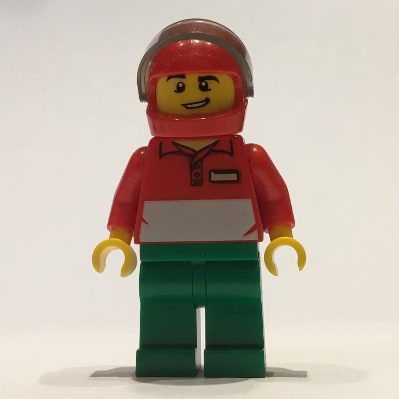 Pizza Delivery Man, Red and White Polo Shirt, Green Legs, Red Helmet with Visor