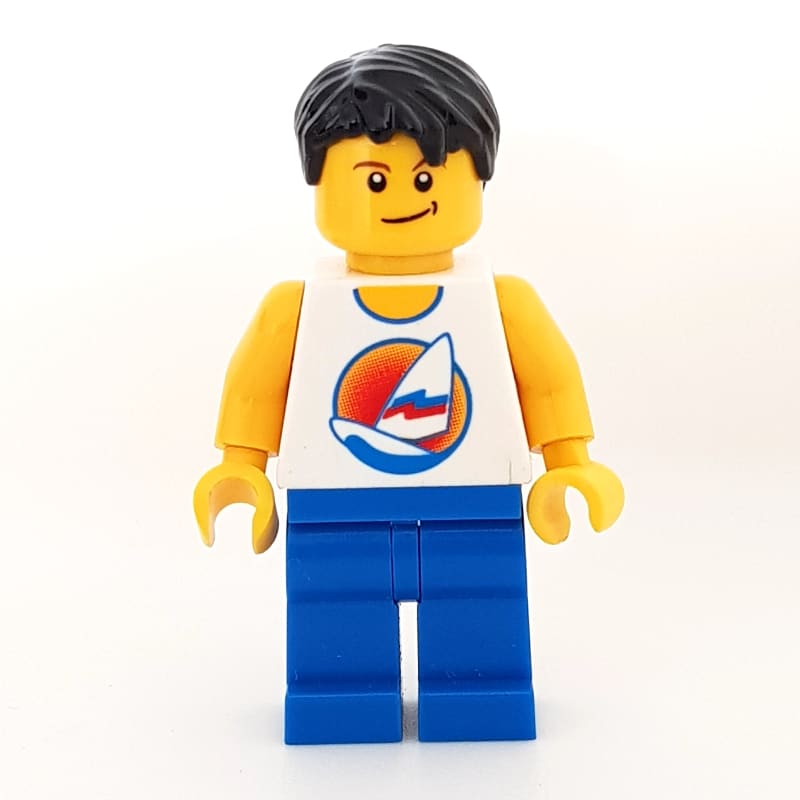 Man, White Tank Top with Windsurfer, Blue Legs, Black Hair