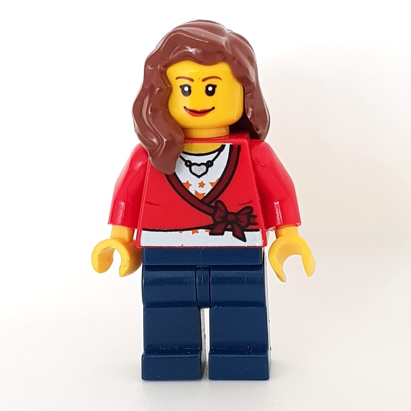 Woman, Cardigan Tied with Bow and Necklace, Dark Blue Legs, Reddish Brown Hair
