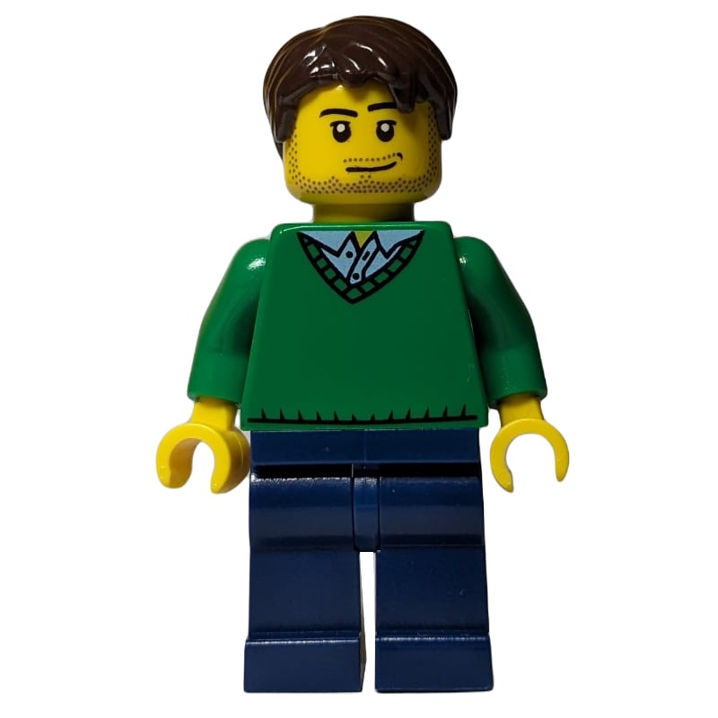 Man, Green V-Neck Sweater, Dark Blue Legs, Dark Brown Hair, Stubble
