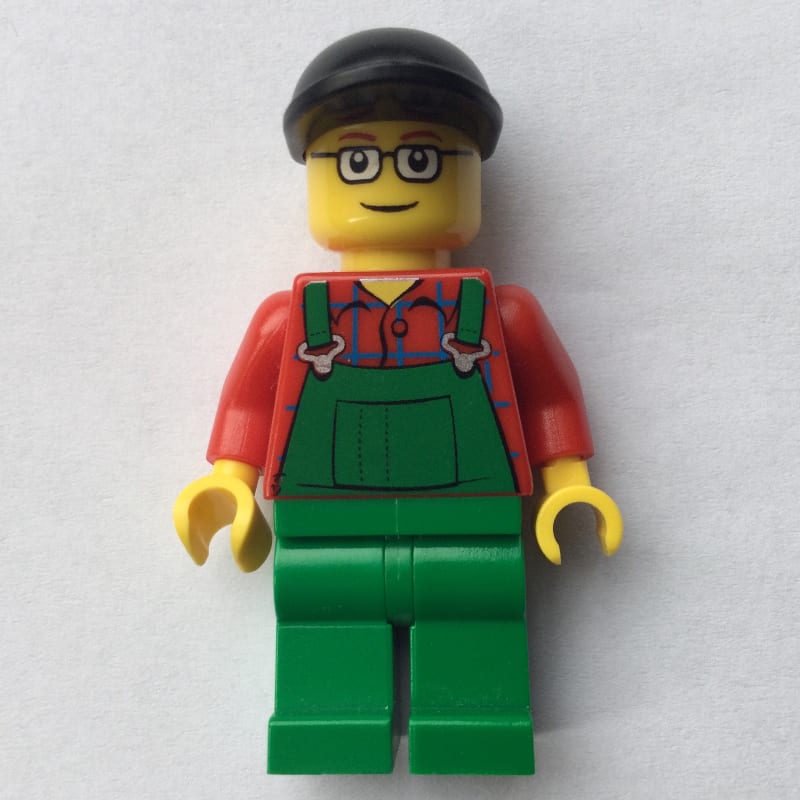 Man, Green Overalls over Red Shirt, Black Cap, Glasses